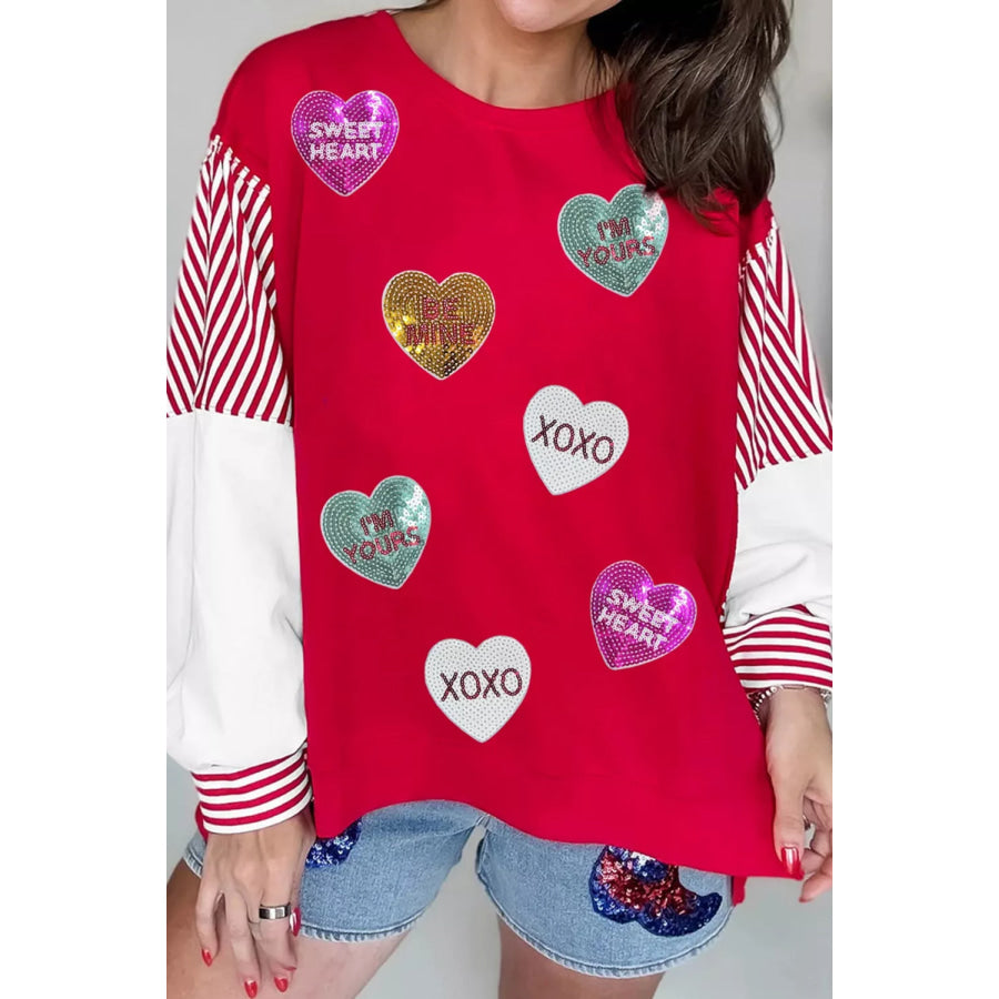 Valentines Day Sequin Heart Striped Color Block Patchwork Sweatshirt Scarlet / S Apparel and Accessories