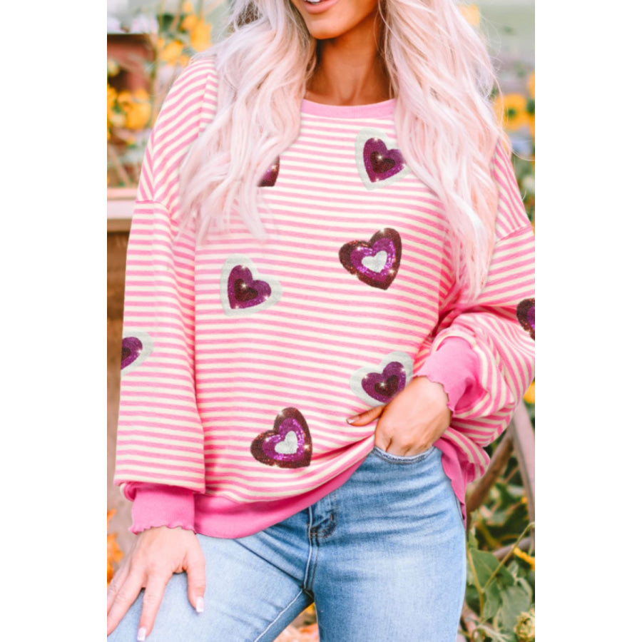 Valentine’s Day Sequin Heart Striped Round Neck Long Sleeve Sweatshirt Apparel and Accessories