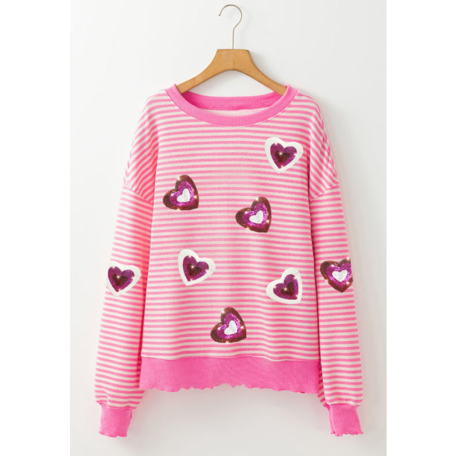 Valentine’s Day Sequin Heart Striped Round Neck Long Sleeve Sweatshirt Apparel and Accessories