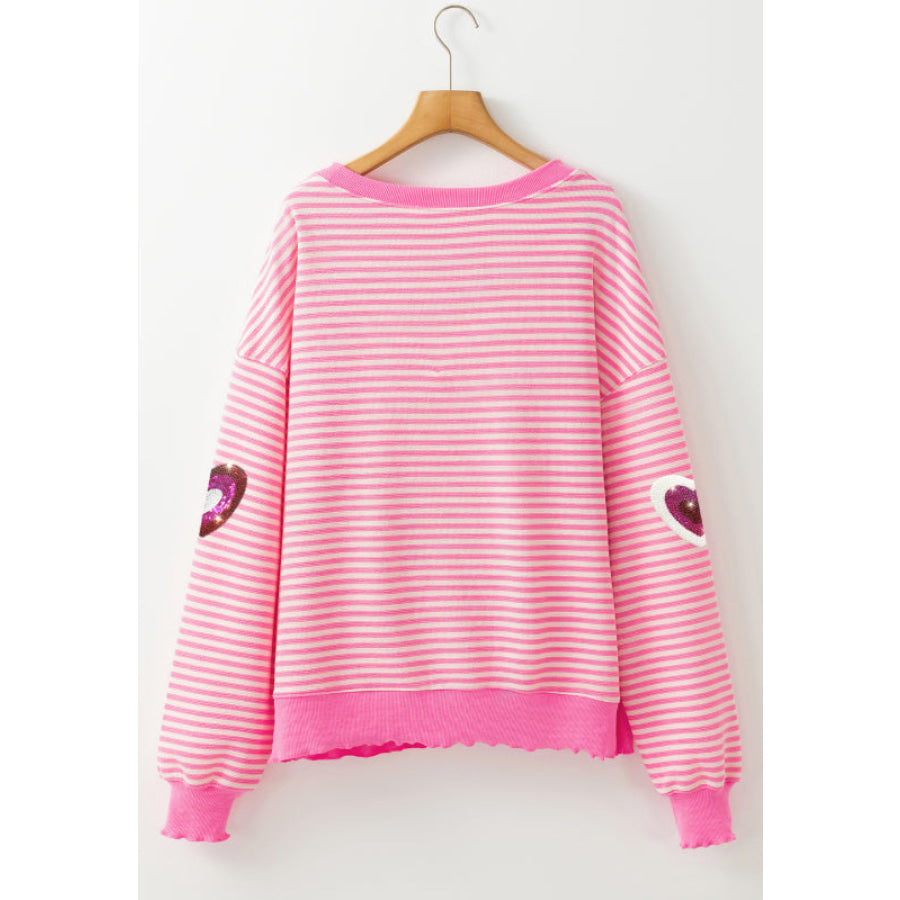 Valentine’s Day Sequin Heart Striped Round Neck Long Sleeve Sweatshirt Apparel and Accessories