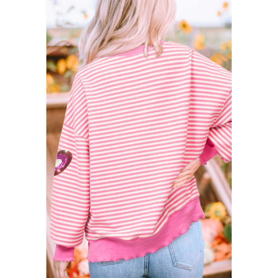 Valentine’s Day Sequin Heart Striped Round Neck Long Sleeve Sweatshirt Apparel and Accessories