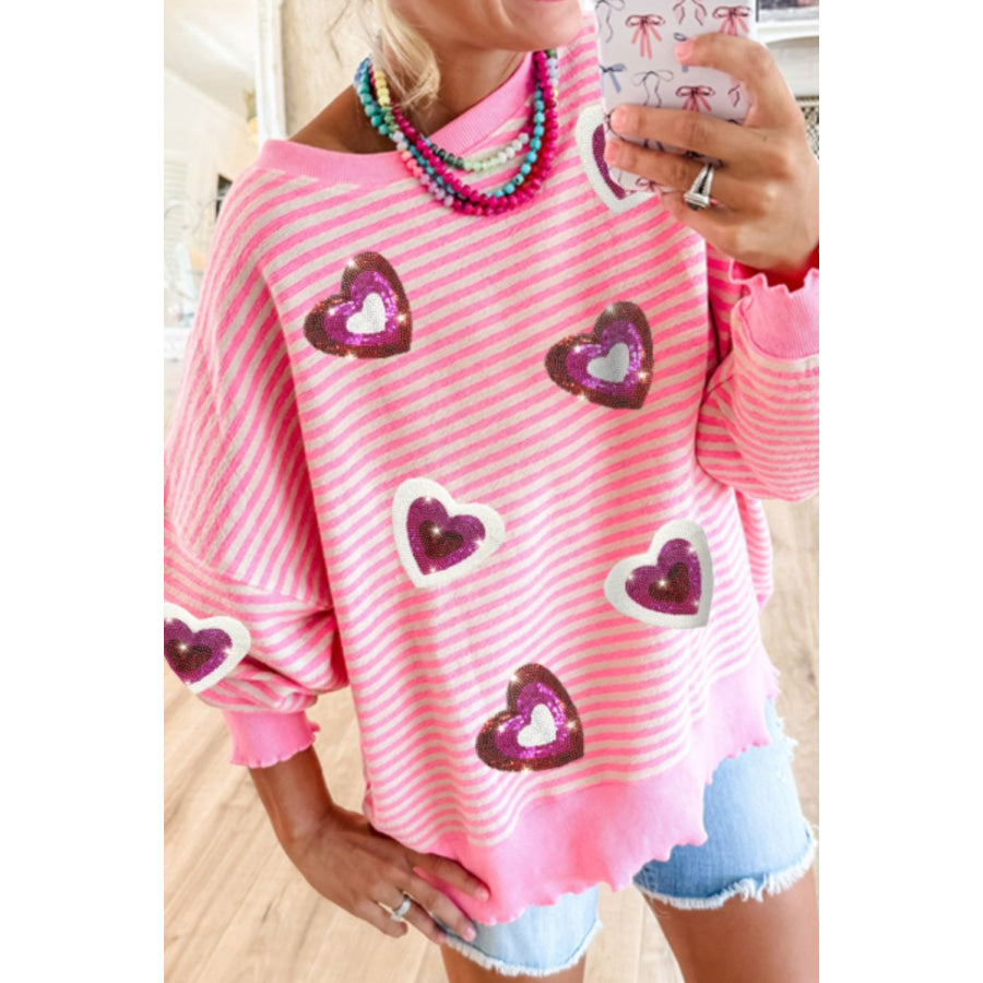 Valentine’s Day Sequin Heart Striped Round Neck Long Sleeve Sweatshirt Pink / S Apparel and Accessories