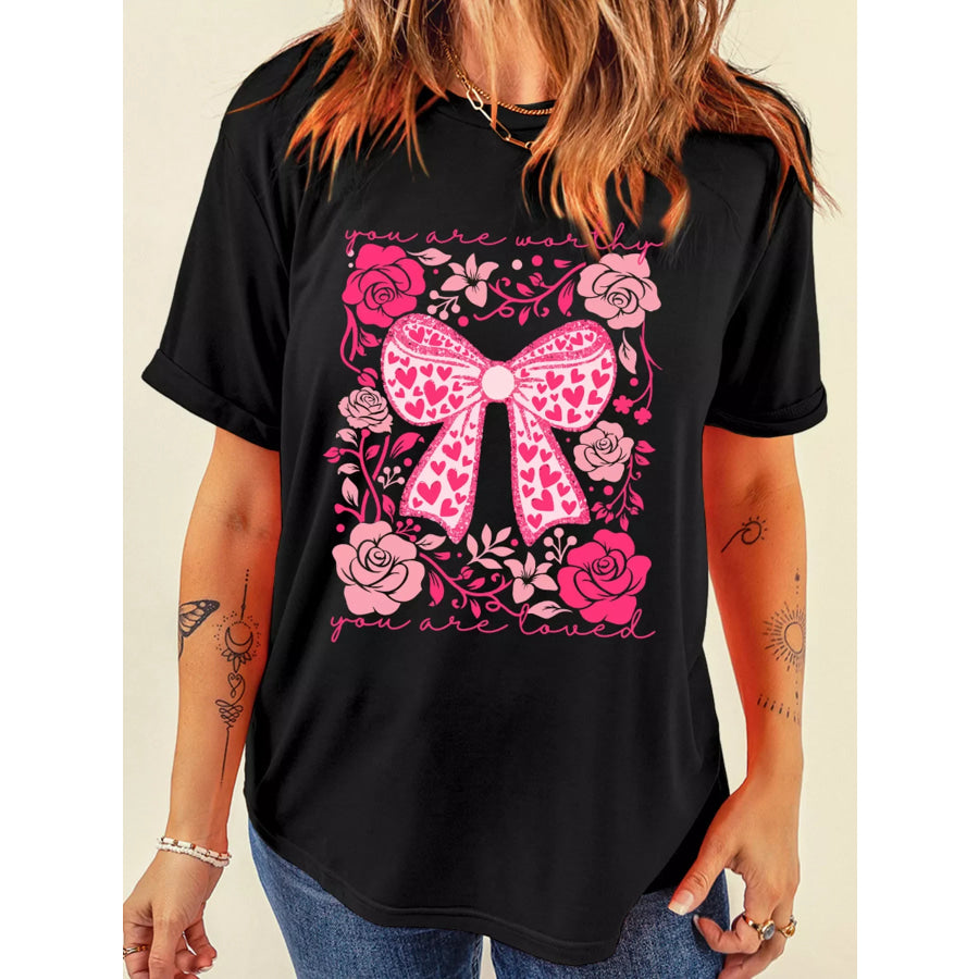 Valentines Day Slogan Floral and Bow T Shirt Apparel and Accessories