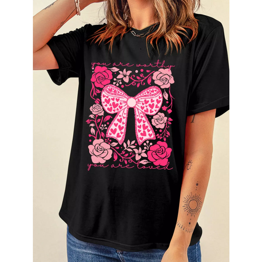 Valentines Day Slogan Floral and Bow T Shirt Black / S Apparel and Accessories