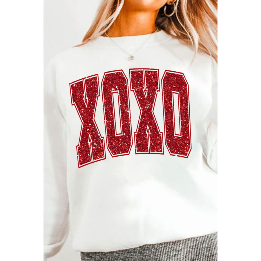Valentine’s Day XOXO Glitter Round Neck Sweatshirt White / S Apparel and Accessories
