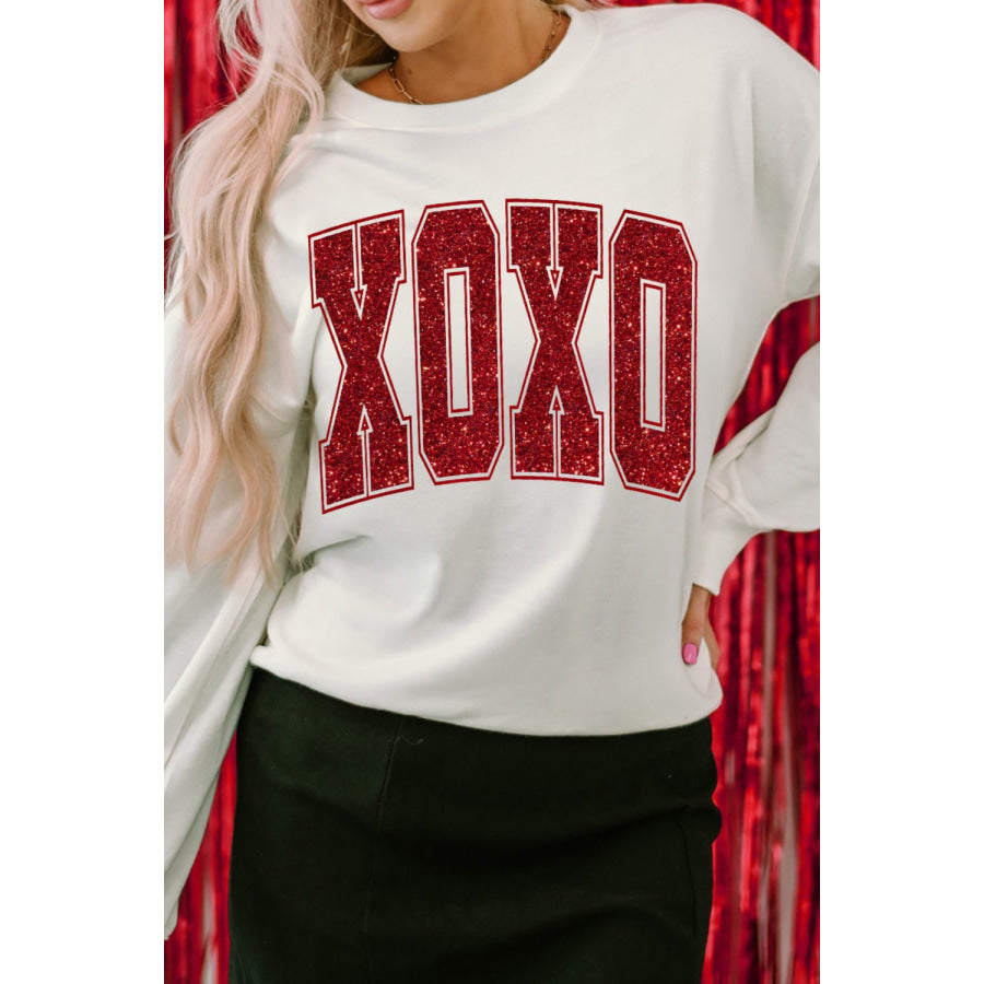 Valentine’s Day XOXO Glitter Round Neck Sweatshirt Apparel and Accessories