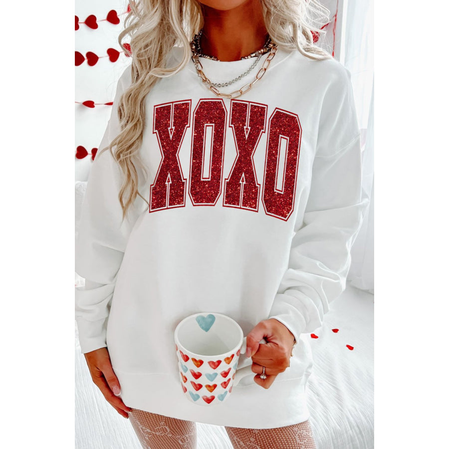 Valentine’s Day XOXO Glitter Round Neck Sweatshirt White / S Apparel and Accessories