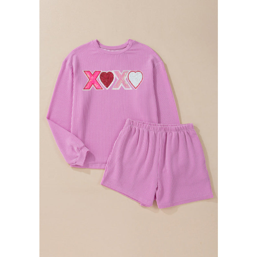 Valentine’s Day XOXO Heart Sequin Corded Long Sleeve Top and Shorts Set Apparel and Accessories