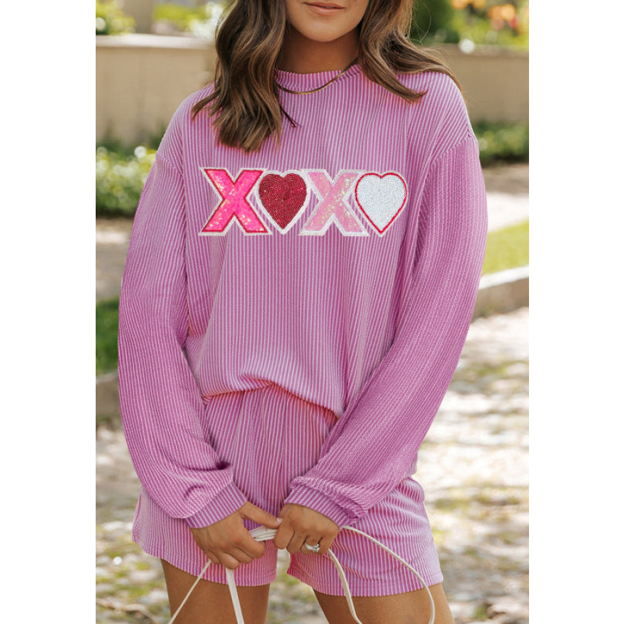 Valentine’s Day XOXO Heart Sequin Corded Long Sleeve Top and Shorts Set Pink / S Apparel and Accessories