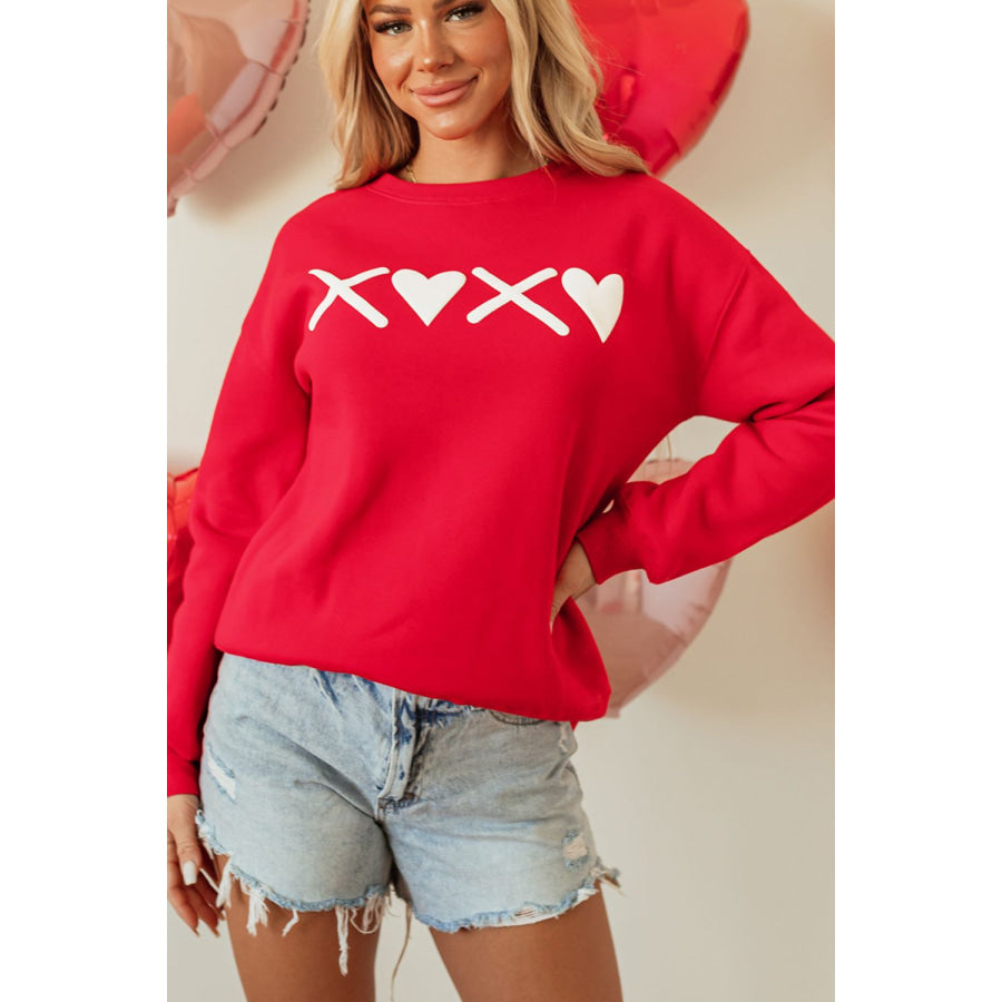 Valentine’s Day XOXO Round Neck Drop Shoulder Sweatshirt Apparel and Accessories