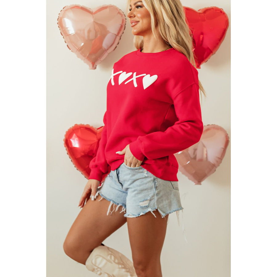 Valentine’s Day XOXO Round Neck Drop Shoulder Sweatshirt Apparel and Accessories