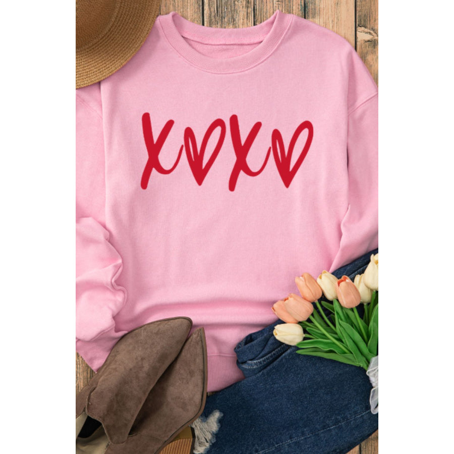 Valentine’s Day XOXO Round Neck Drop Shoulder Sweatshirt Apparel and Accessories