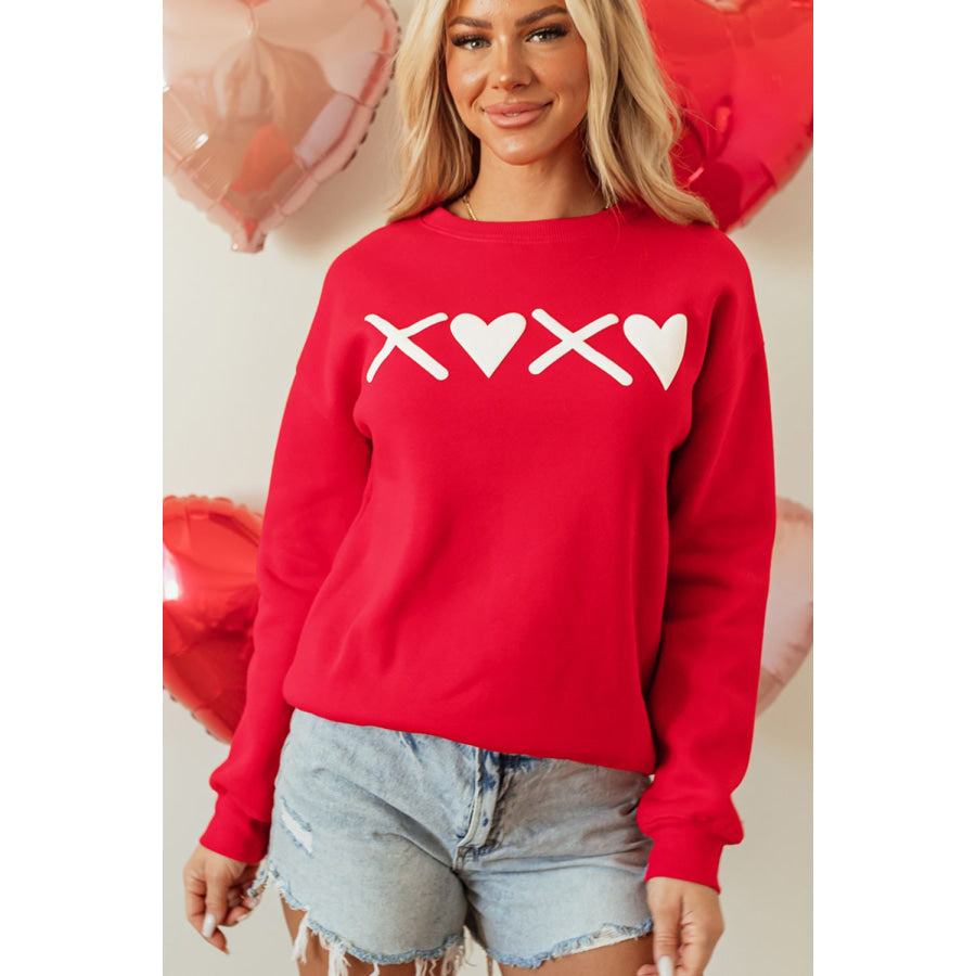 Valentine’s Day XOXO Round Neck Drop Shoulder Sweatshirt Apparel and Accessories