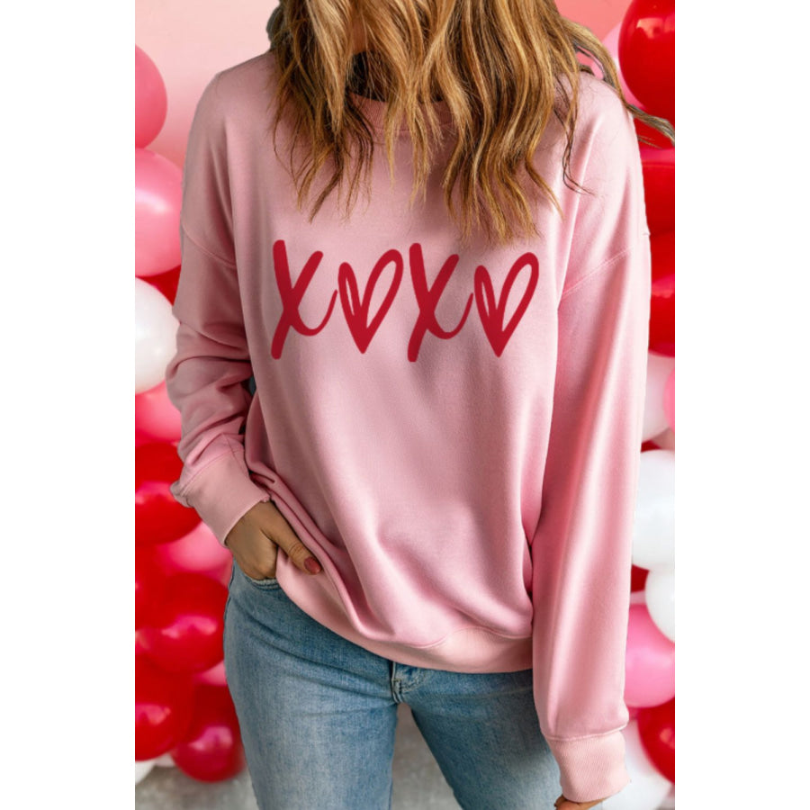 Valentine’s Day XOXO Round Neck Drop Shoulder Sweatshirt Apparel and Accessories