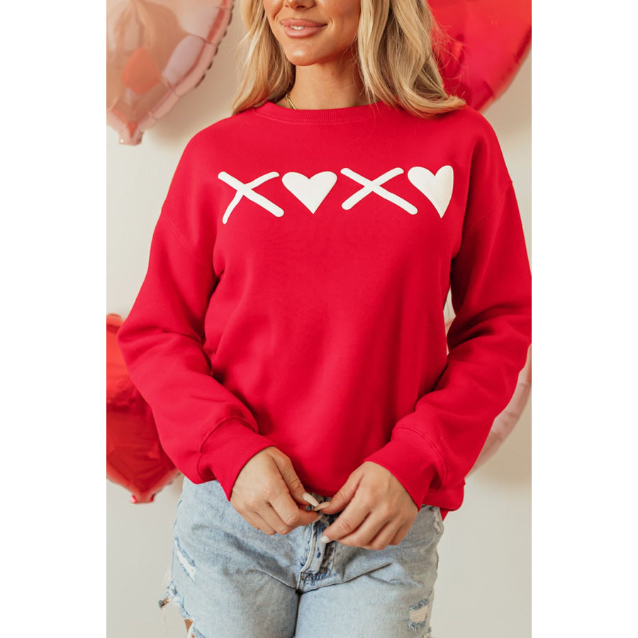 Valentine’s Day XOXO Round Neck Drop Shoulder Sweatshirt Red / S Apparel and Accessories