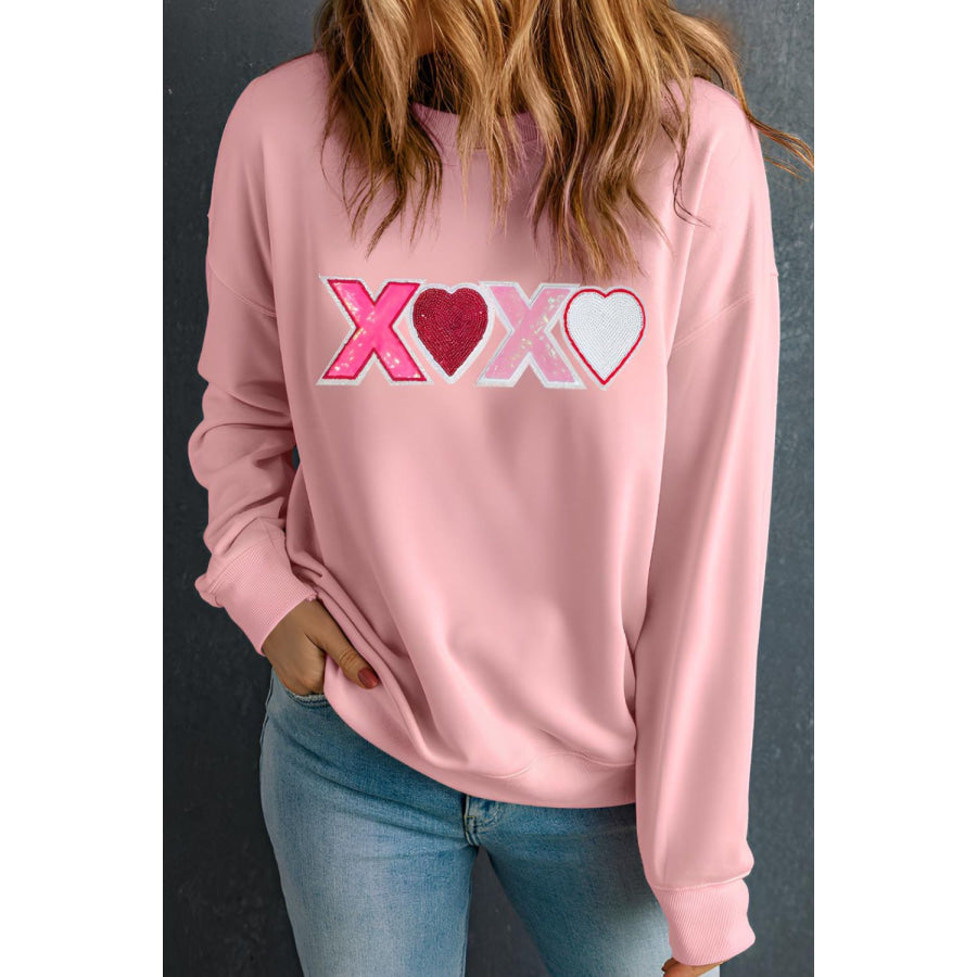 Valentine’s Day XOXO Round Neck Long Sleeve Sweatshirt Dusty Pink / S Apparel and Accessories