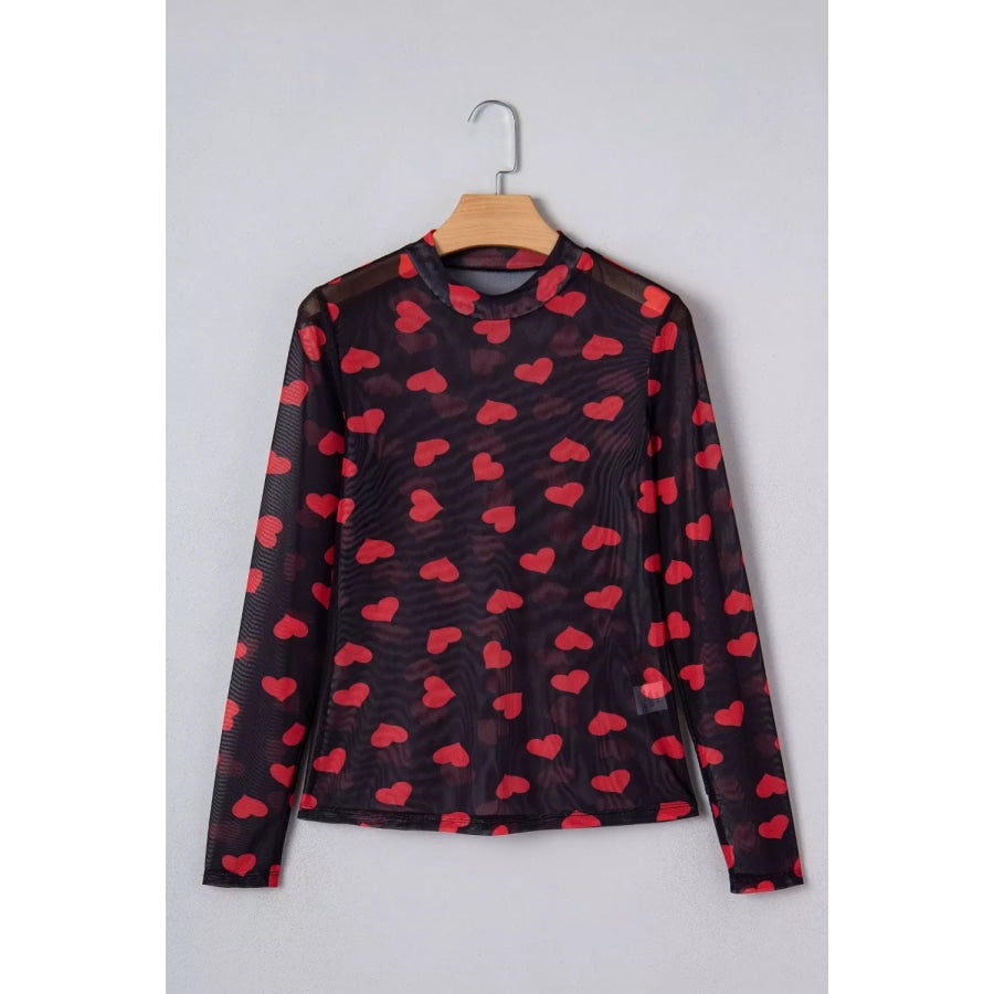 Valentines Heart Printed Sheer Mesh Long Sleeve Top Apparel and Accessories