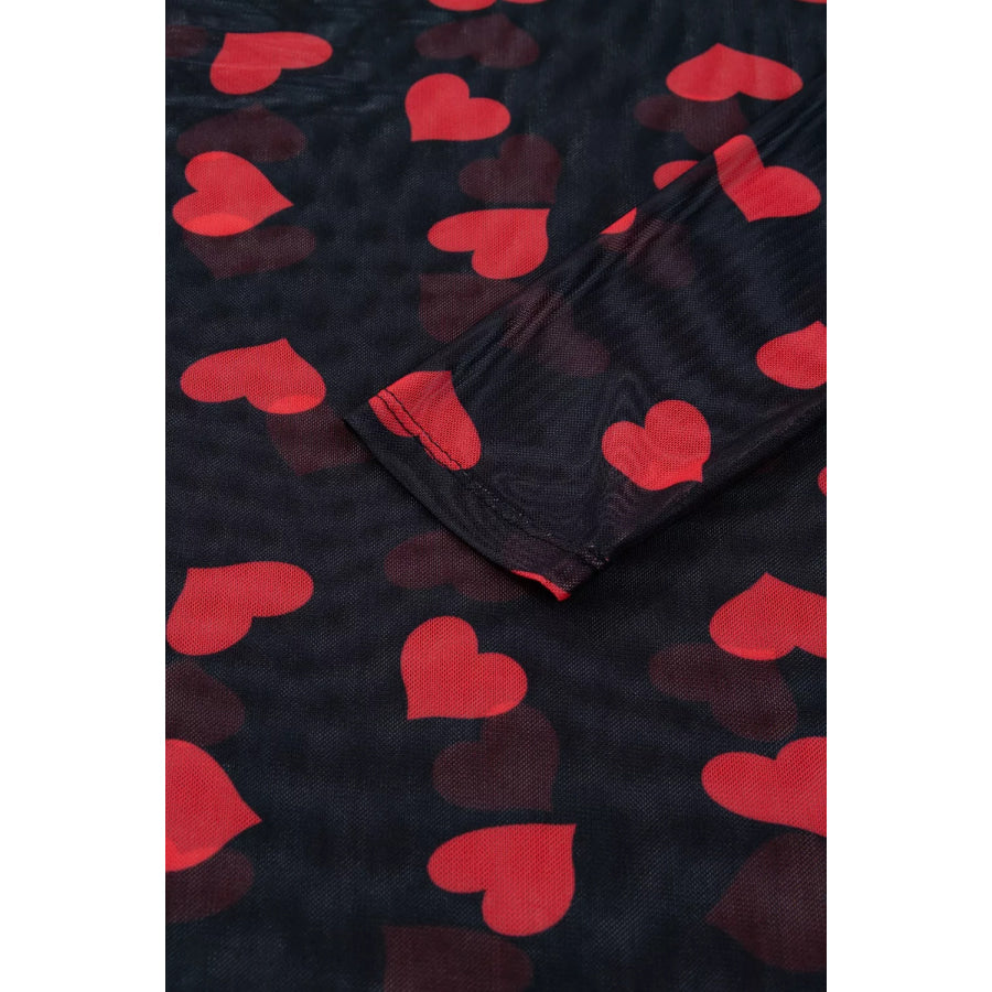 Valentines Heart Printed Sheer Mesh Long Sleeve Top Apparel and Accessories