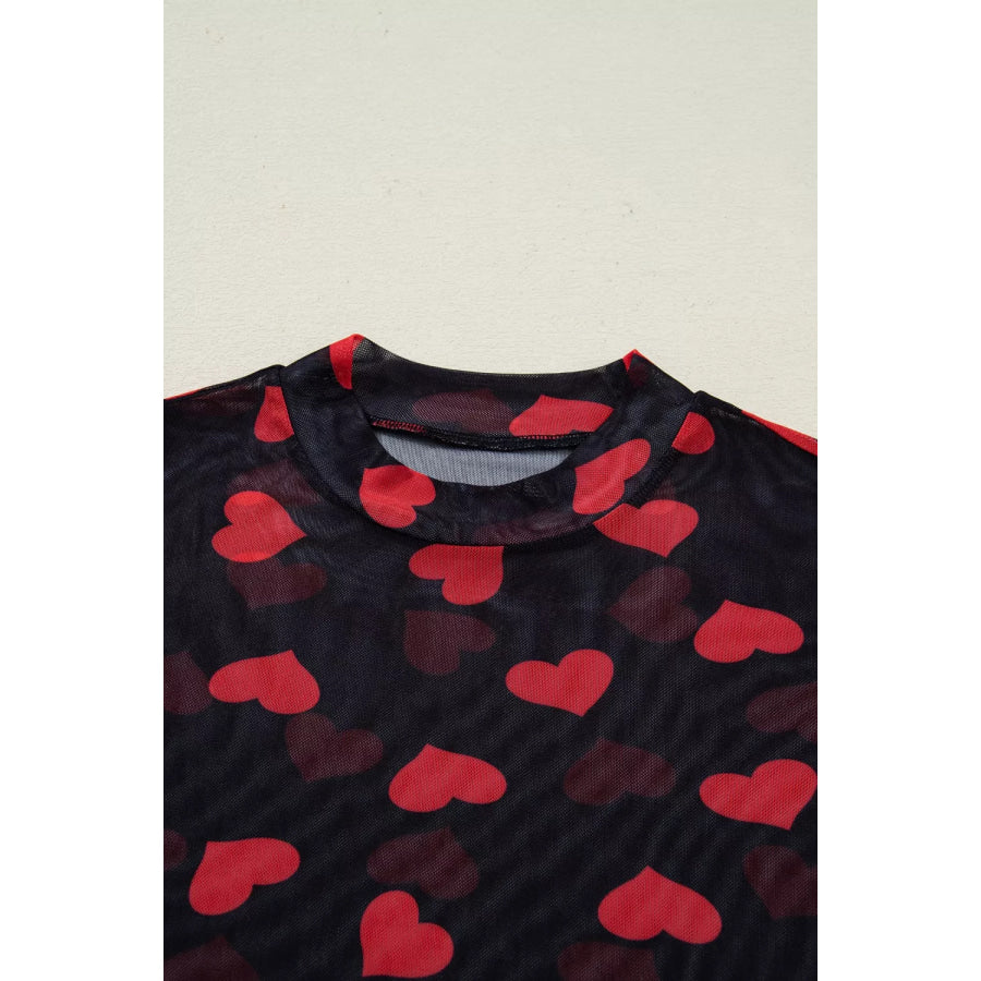 Valentines Heart Printed Sheer Mesh Long Sleeve Top Apparel and Accessories