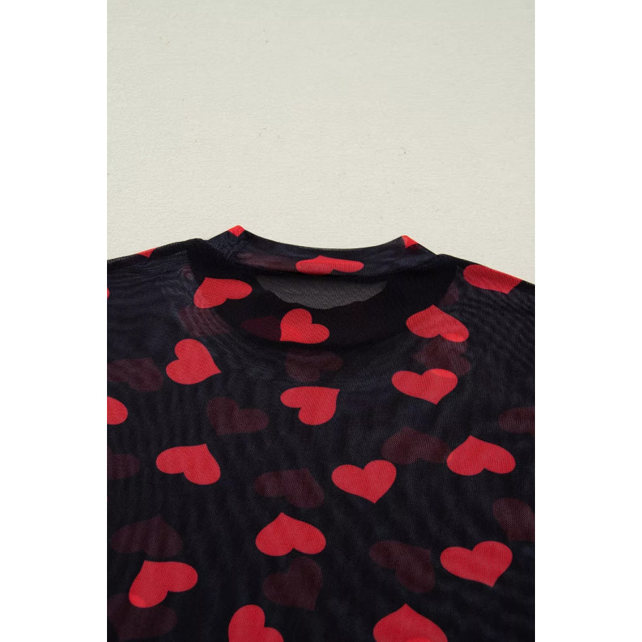 Valentines Heart Printed Sheer Mesh Long Sleeve Top Apparel and Accessories