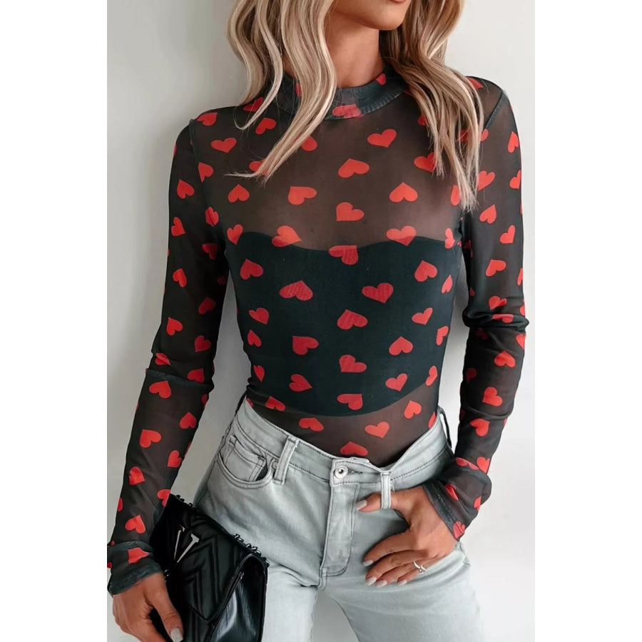 Valentines Heart Printed Sheer Mesh Long Sleeve Top Apparel and Accessories