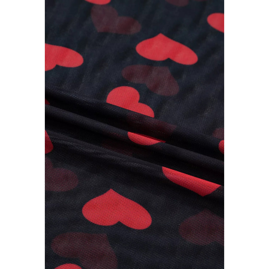 Valentines Heart Printed Sheer Mesh Long Sleeve Top Apparel and Accessories