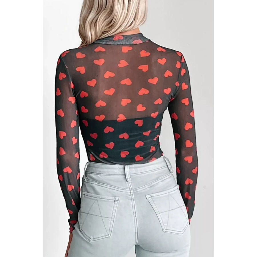 Valentines Heart Printed Sheer Mesh Long Sleeve Top Apparel and Accessories