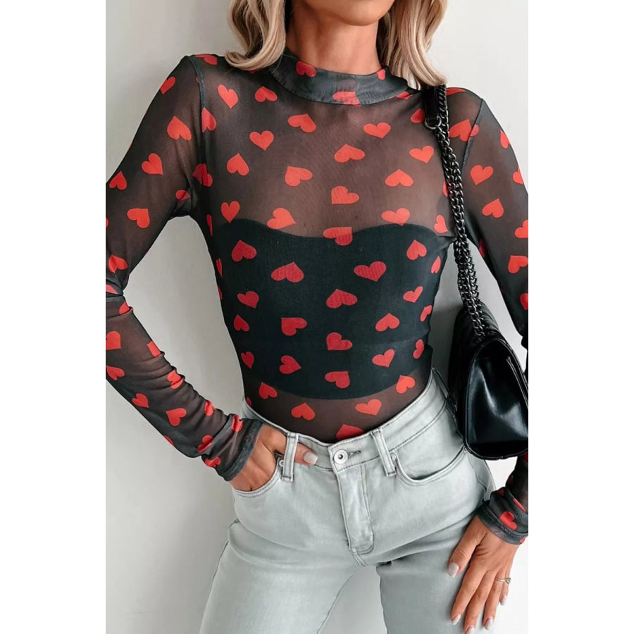 Valentines Heart Printed Sheer Mesh Long Sleeve Top Apparel and Accessories