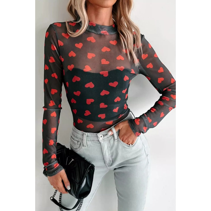 Valentines Heart Printed Sheer Mesh Long Sleeve Top Apparel and Accessories
