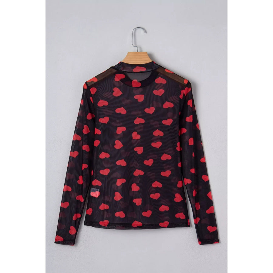 Valentines Heart Printed Sheer Mesh Long Sleeve Top Apparel and Accessories