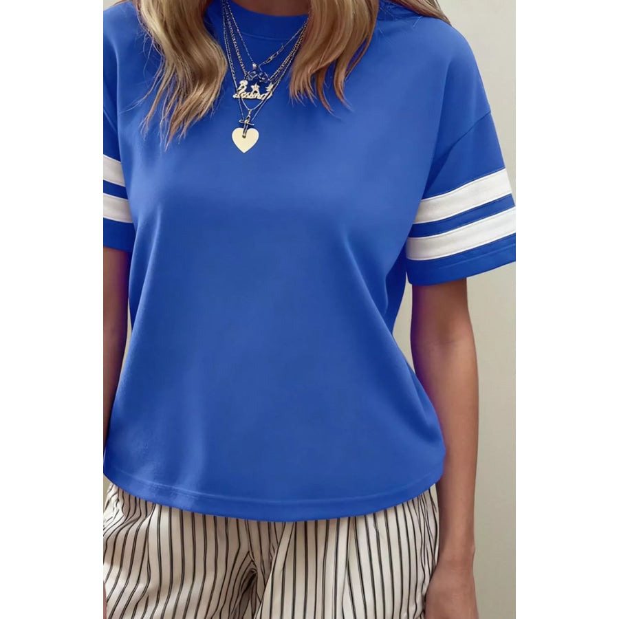 Varsity Striped Short Sleeve Crew Neck T Shirt Royal Blue / S Apparel and Accessories