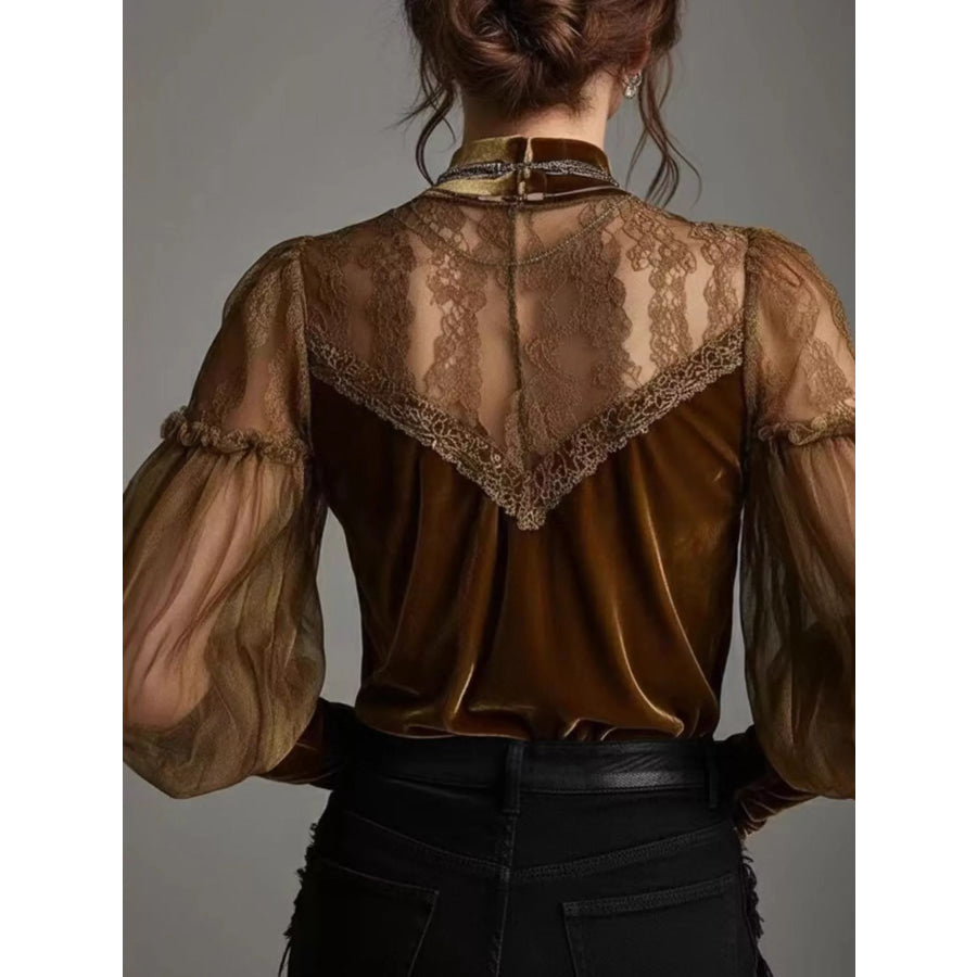 Velvet and Lace Mock Neck Blouse Apparel Accessories