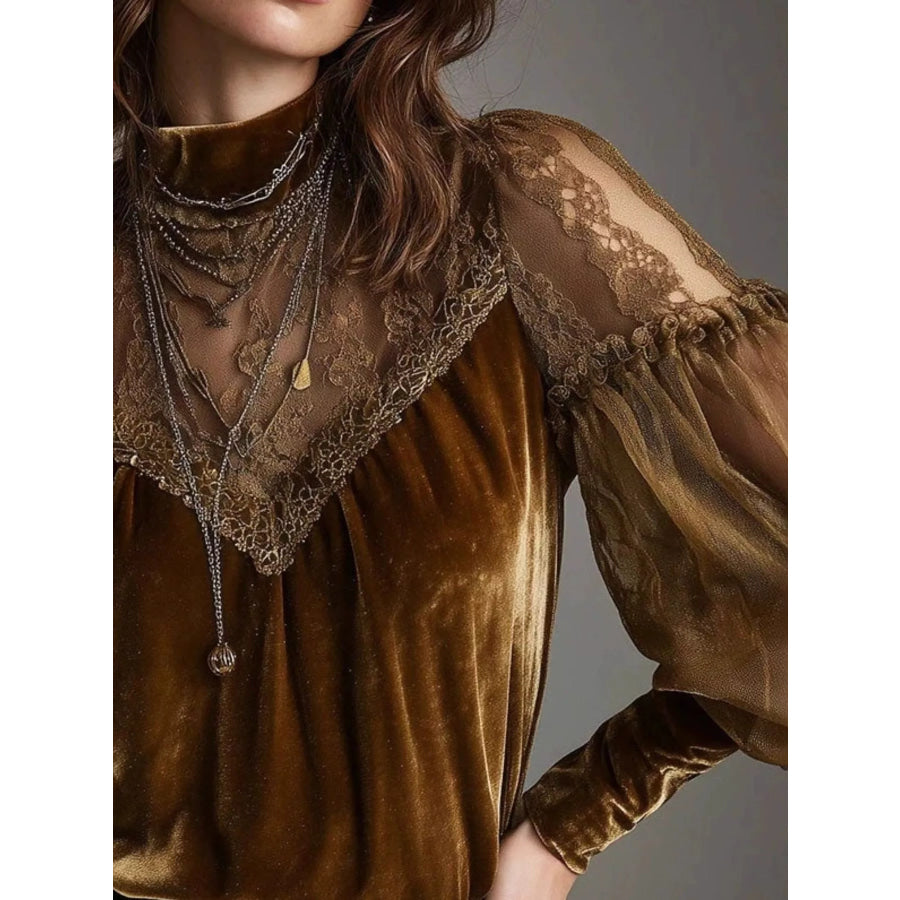 Velvet and Lace Mock Neck Blouse Apparel Accessories