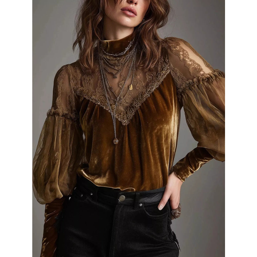 Velvet and Lace Mock Neck Blouse Brown / XS Apparel Accessories