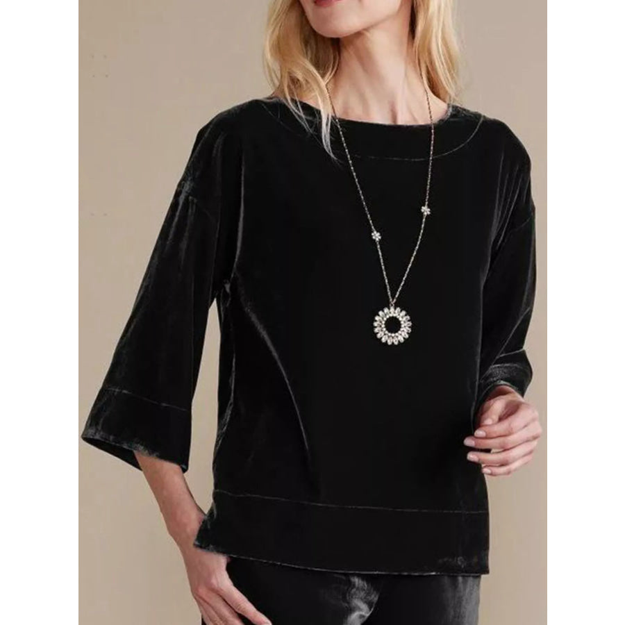 Velvet Boat-Neck T-Shirt with Three-Quarter Sleeves Black / S