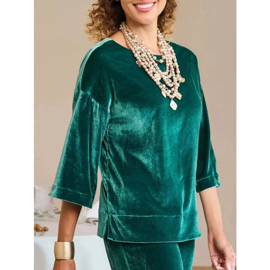 Velvet Boat-Neck T-Shirt with Three-Quarter Sleeves Dark Green / S