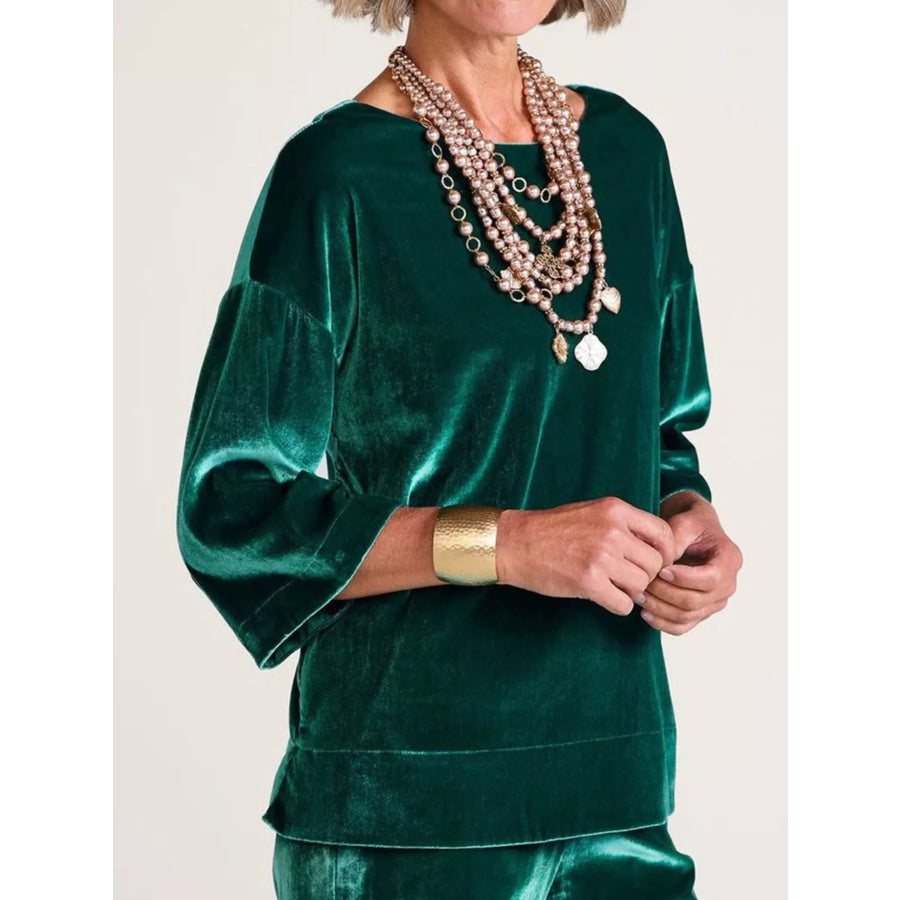 Velvet Boat-Neck T-Shirt with Three-Quarter Sleeves