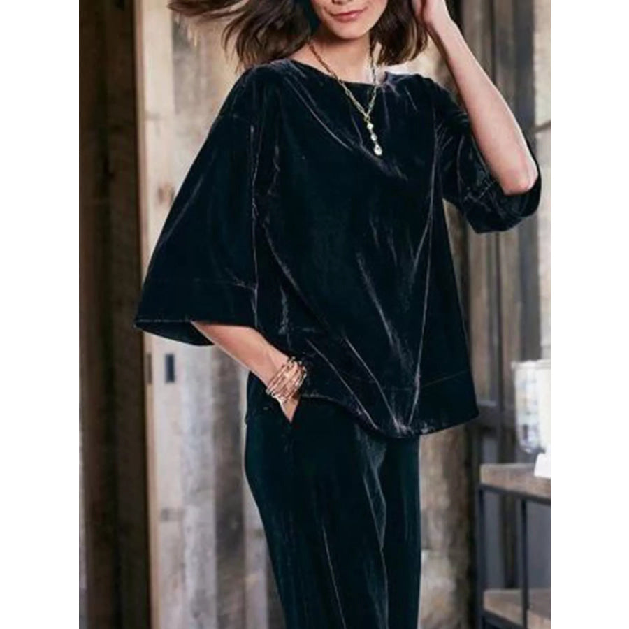 Velvet Boat-Neck T-Shirt with Three-Quarter Sleeves