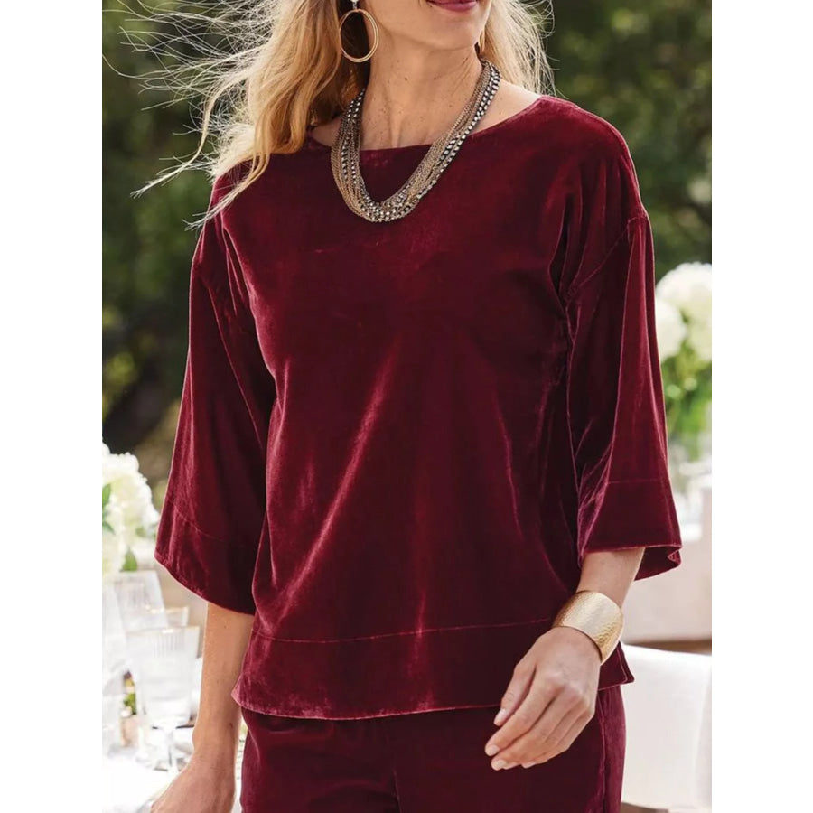 Velvet Boat-Neck T-Shirt with Three-Quarter Sleeves