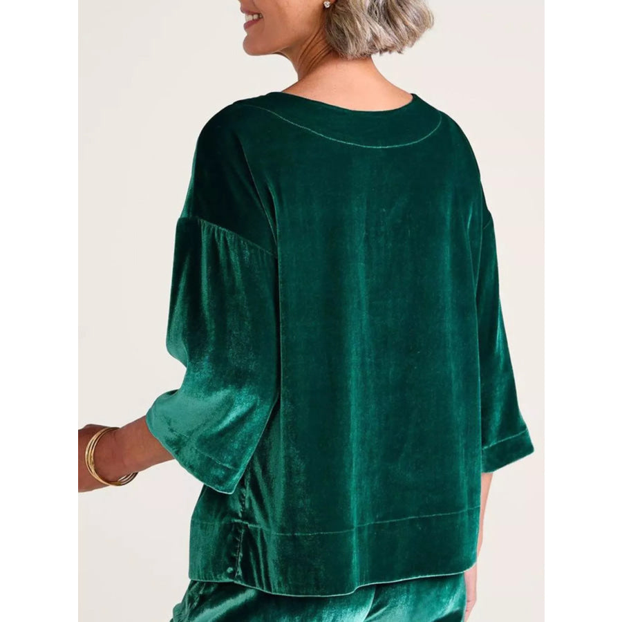 Velvet Boat-Neck T-Shirt with Three-Quarter Sleeves