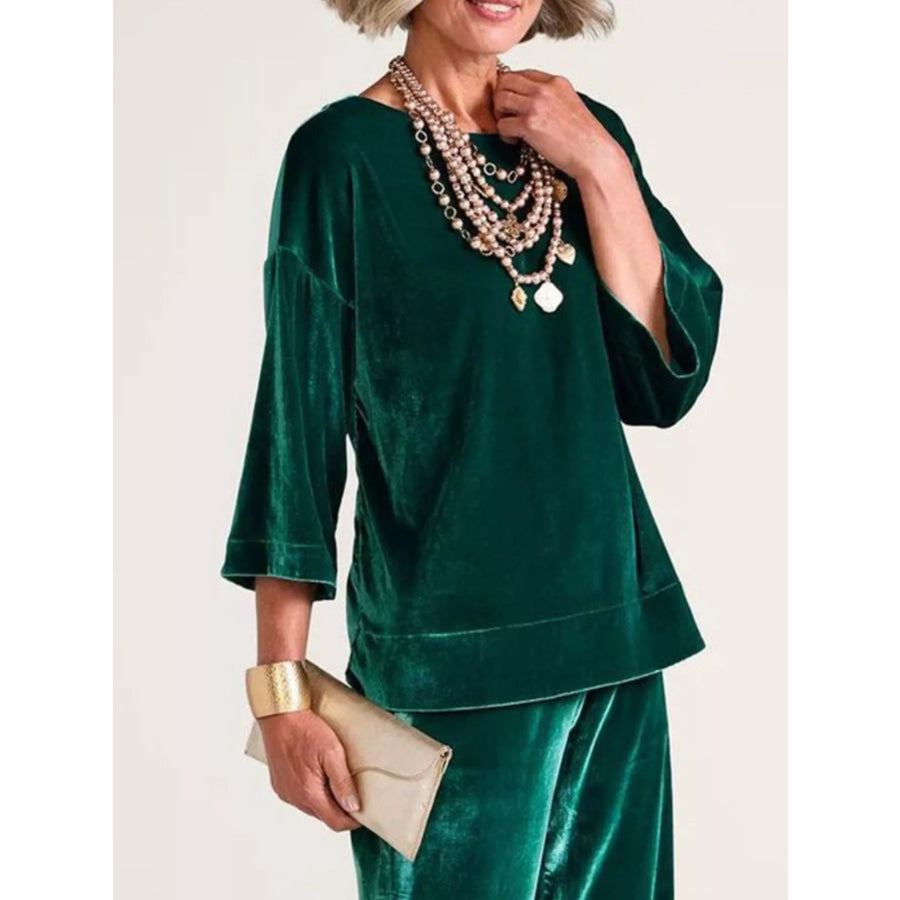 Velvet Boat-Neck T-Shirt with Three-Quarter Sleeves