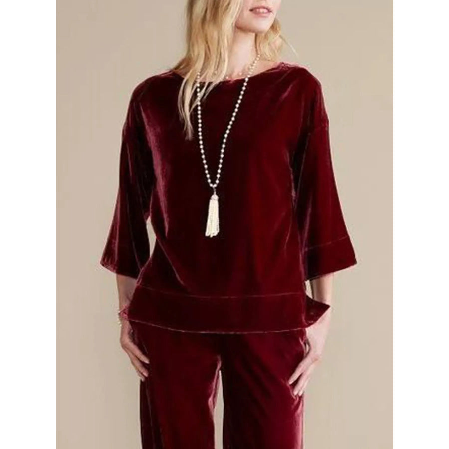 Velvet Boat-Neck T-Shirt with Three-Quarter Sleeves