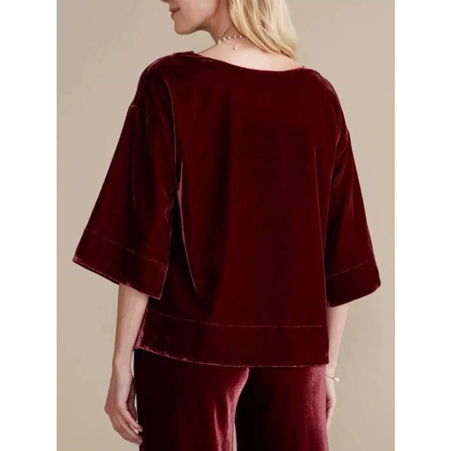 Velvet Boat-Neck T-Shirt with Three-Quarter Sleeves