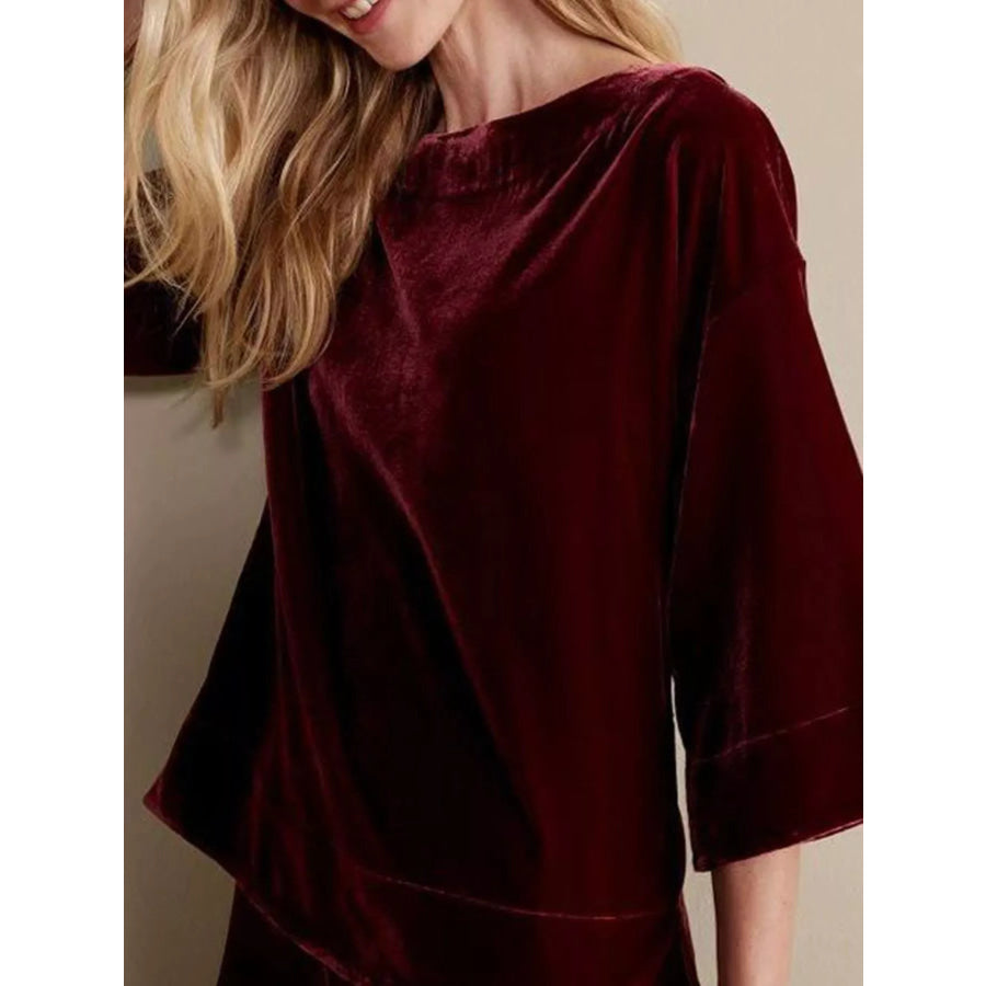 Velvet Boat-Neck T-Shirt with Three-Quarter Sleeves