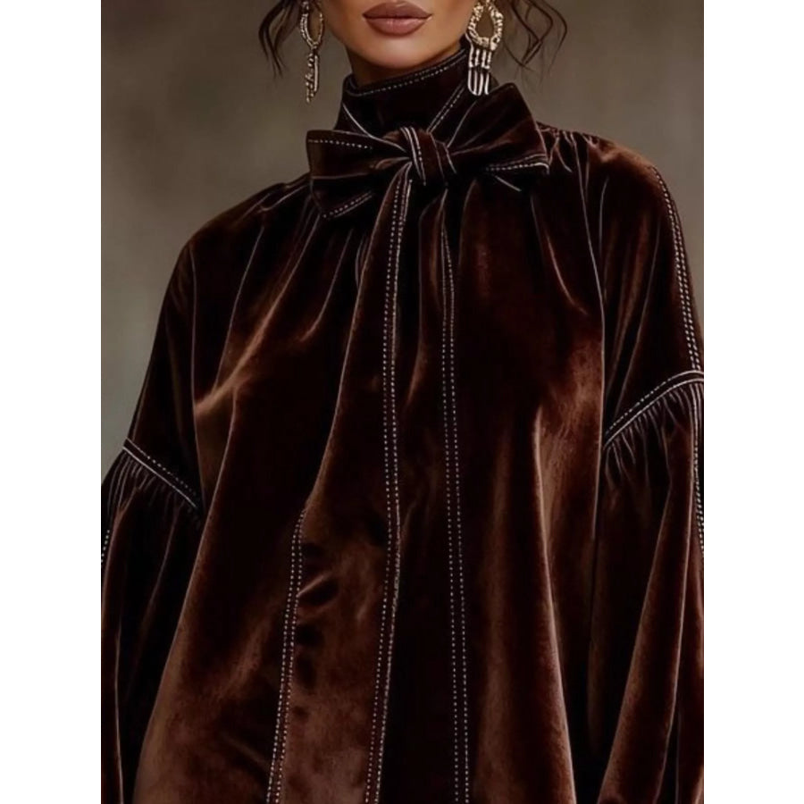 Velvet Bow-Tie Long Sleeve Mini Dress Brown / S Apparel and Accessories