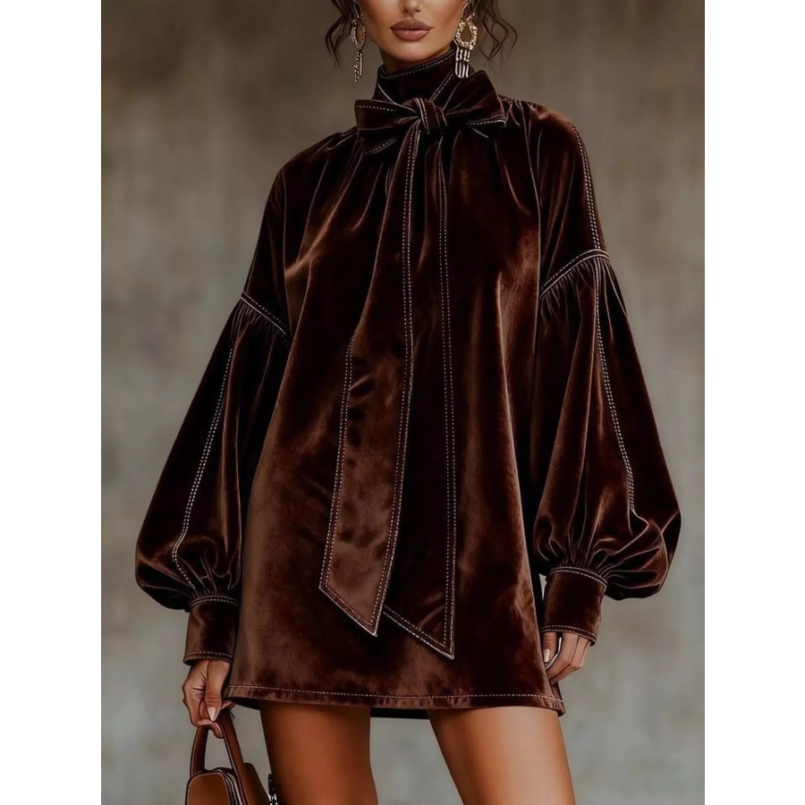 Velvet Bow-Tie Long Sleeve Mini Dress Brown / S Apparel and Accessories