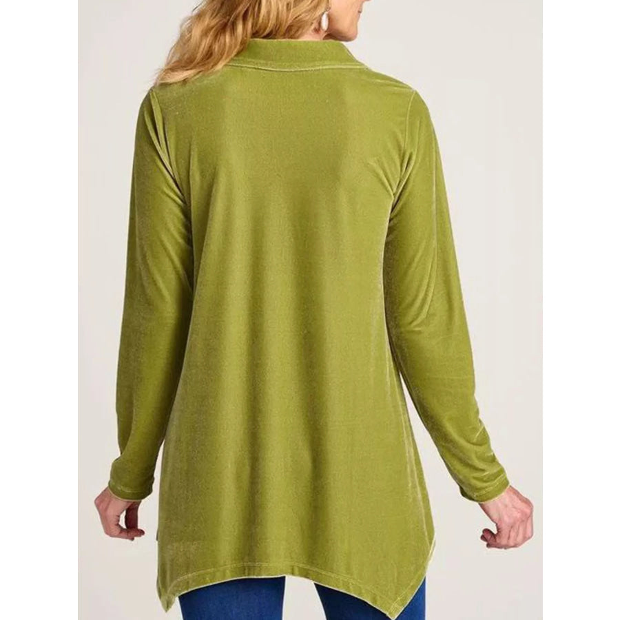 Velvet Button-Down Long Sleeve Shirt with Asymmetrical Hemline
