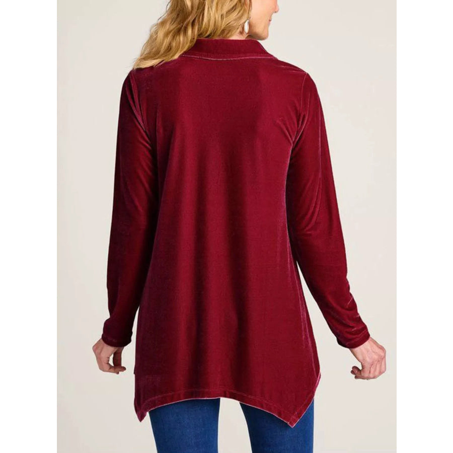 Velvet Button-Down Long Sleeve Shirt with Asymmetrical Hemline