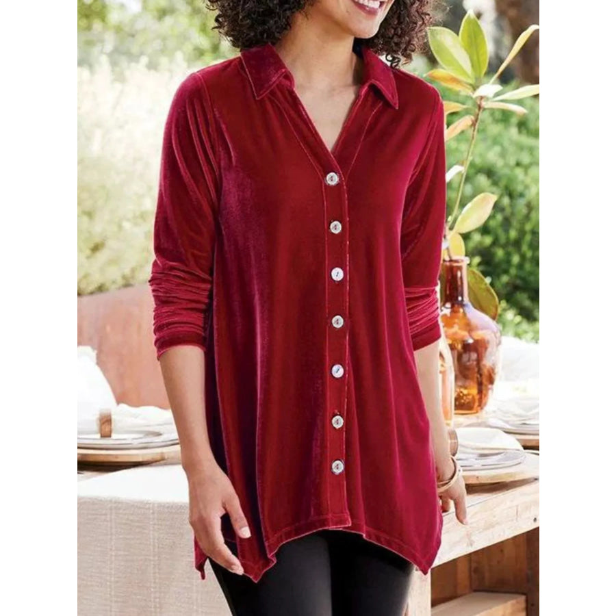 Velvet Button-Down Long Sleeve Shirt with Asymmetrical Hemline