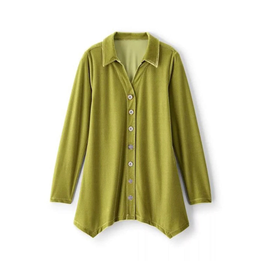 Velvet Button-Down Long Sleeve Shirt with Asymmetrical Hemline